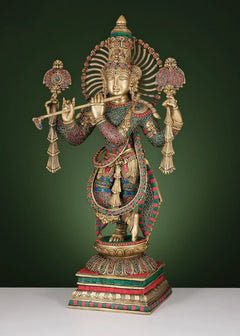 Standing brass Krishna playing flute sculpture with red-blue jeweled ornaments, 24 in