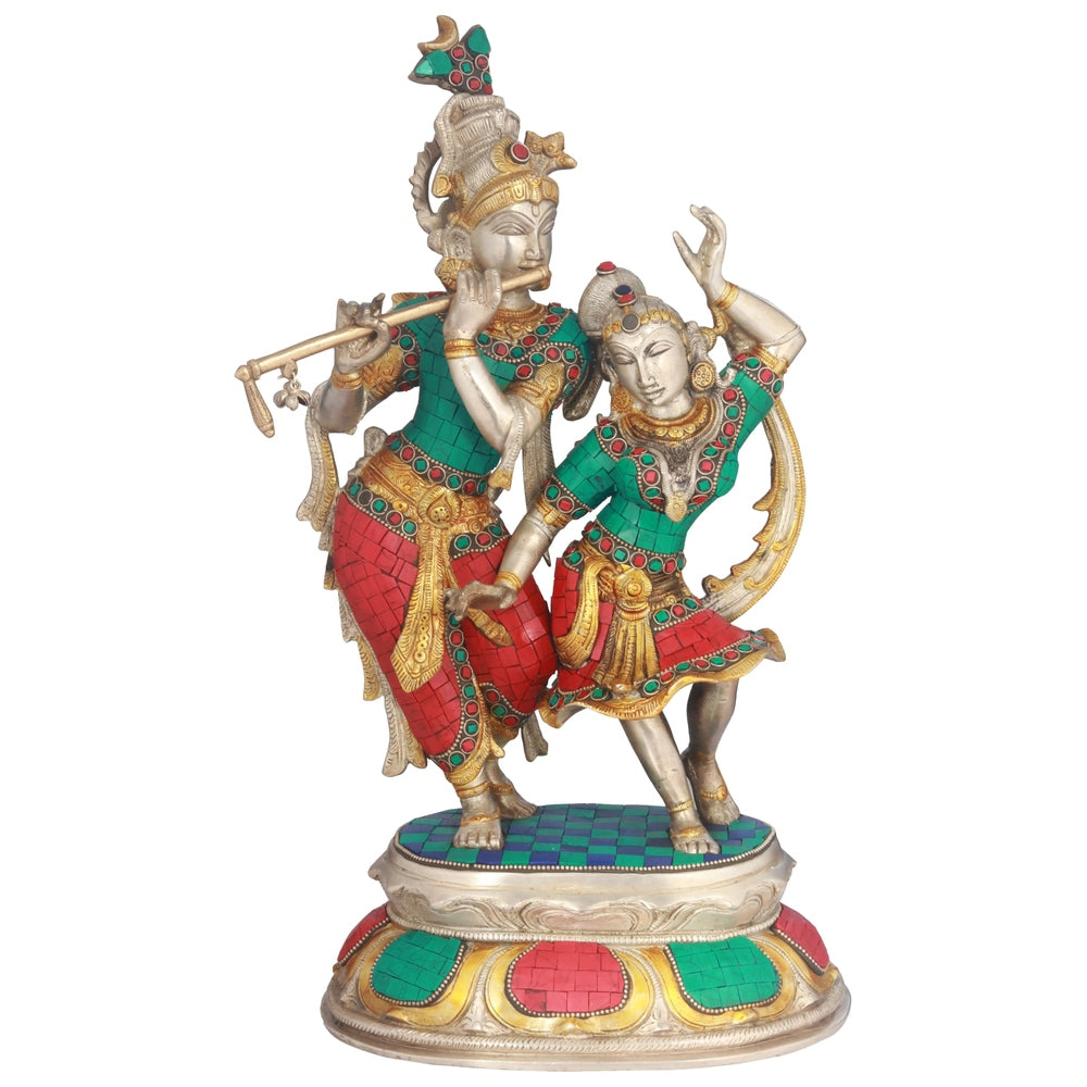 Handmade Brass Sculpture of Radha and Krishna Engaged in Dance 16 inches