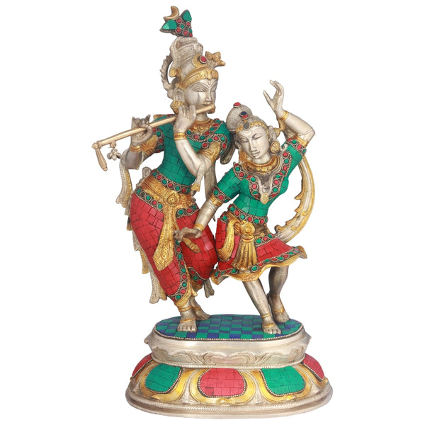 Handmade Brass Sculpture of Radha and Krishna Engaged in Dance 16 inches