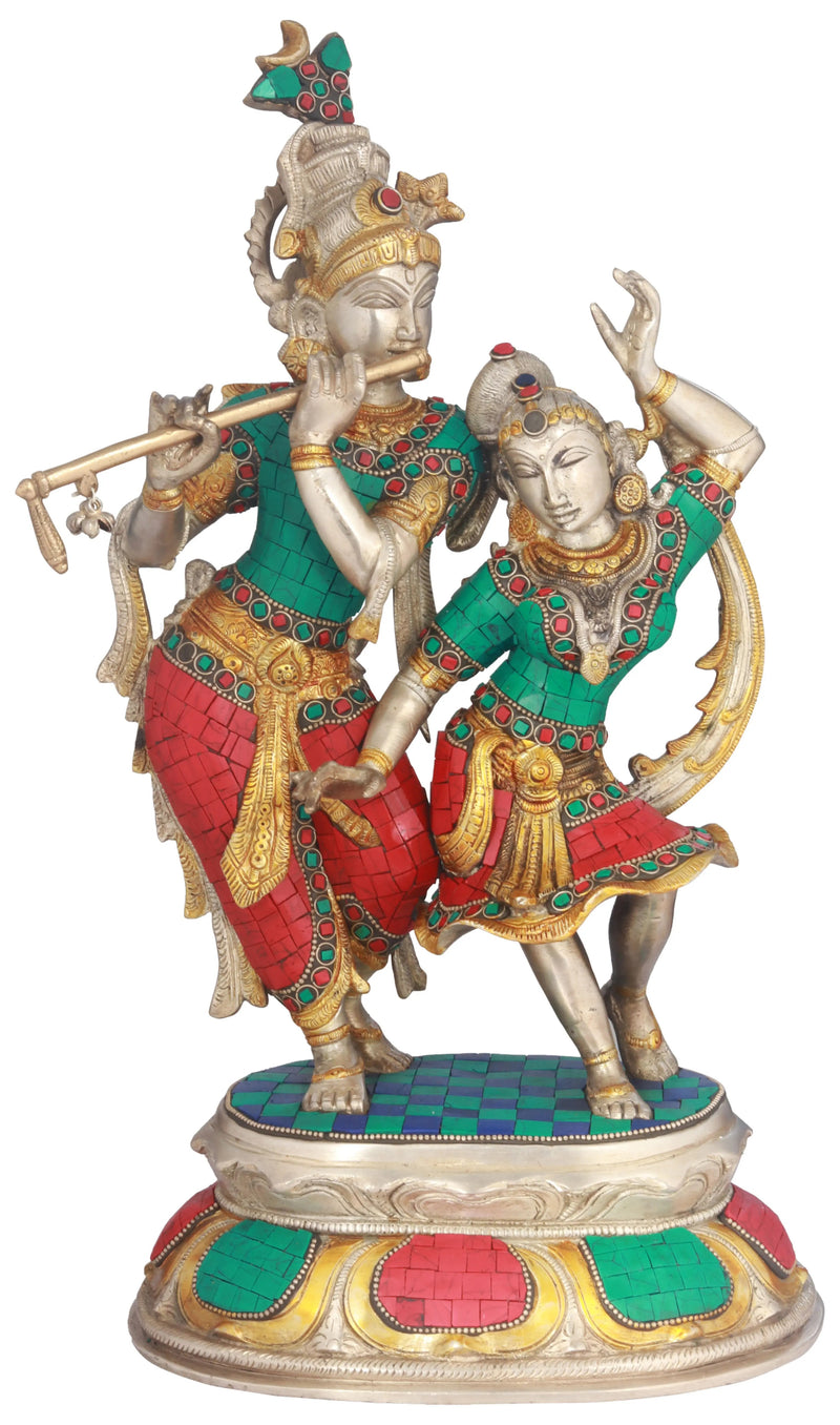 Handmade Brass Sculpture of Radha and Krishna Engaged in Dance 16 inches