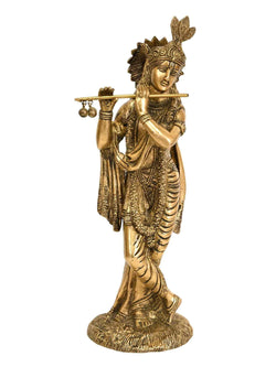 Handcrafted Natural Brass Statue of Lord Krishna Playing the Flute 9 inches