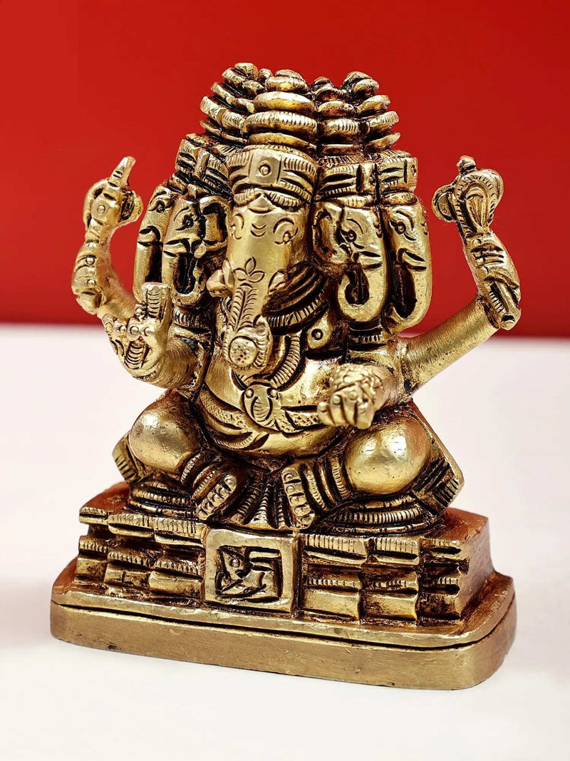 Small Brass Statue of Panchamukhi Ganesha 3 inches