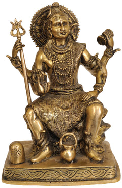 8-inch brass Lord Shiva statue, four arms, Shiva linga and kamandalu, seated