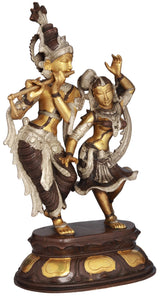 Radha and Krishna brass statue, raised arms and curved scarf details, 16-inch