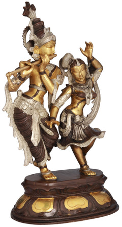 Radha and Krishna brass statue, raised arms and curved scarf details, 16-inch