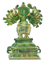 Rear view of green sixteen-armed Vira Ganesha sculpture, 8 in, ornate back details