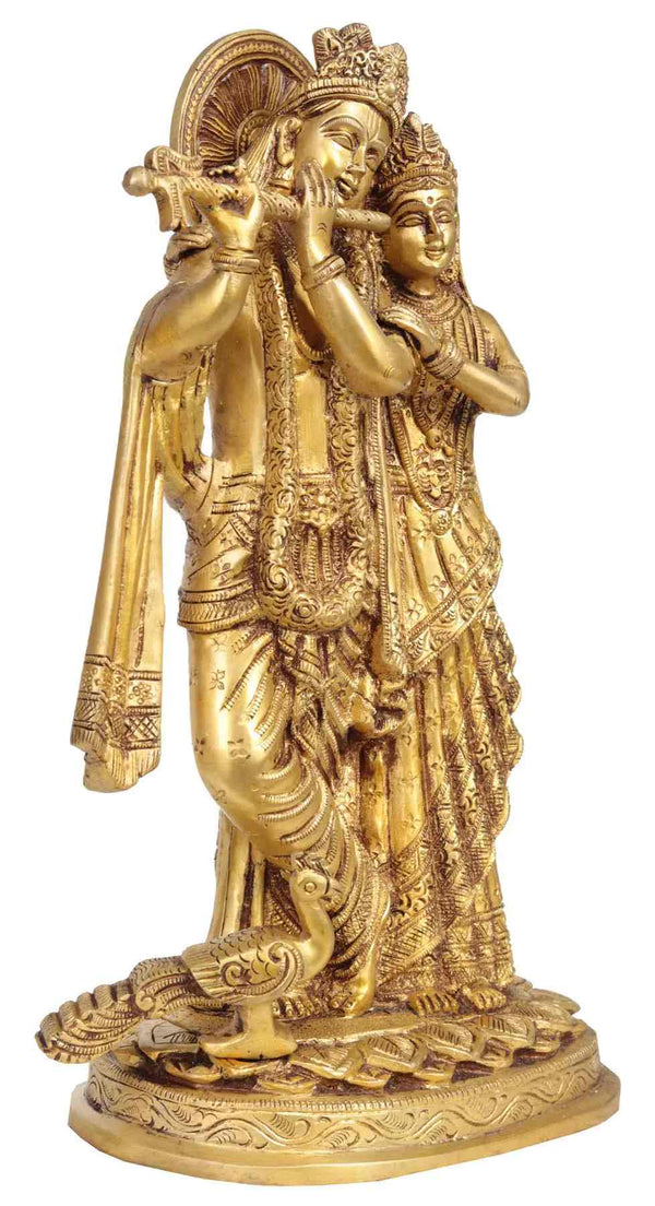 Handmade Brass Idol of Radha Krishna with Peacock 11 inches