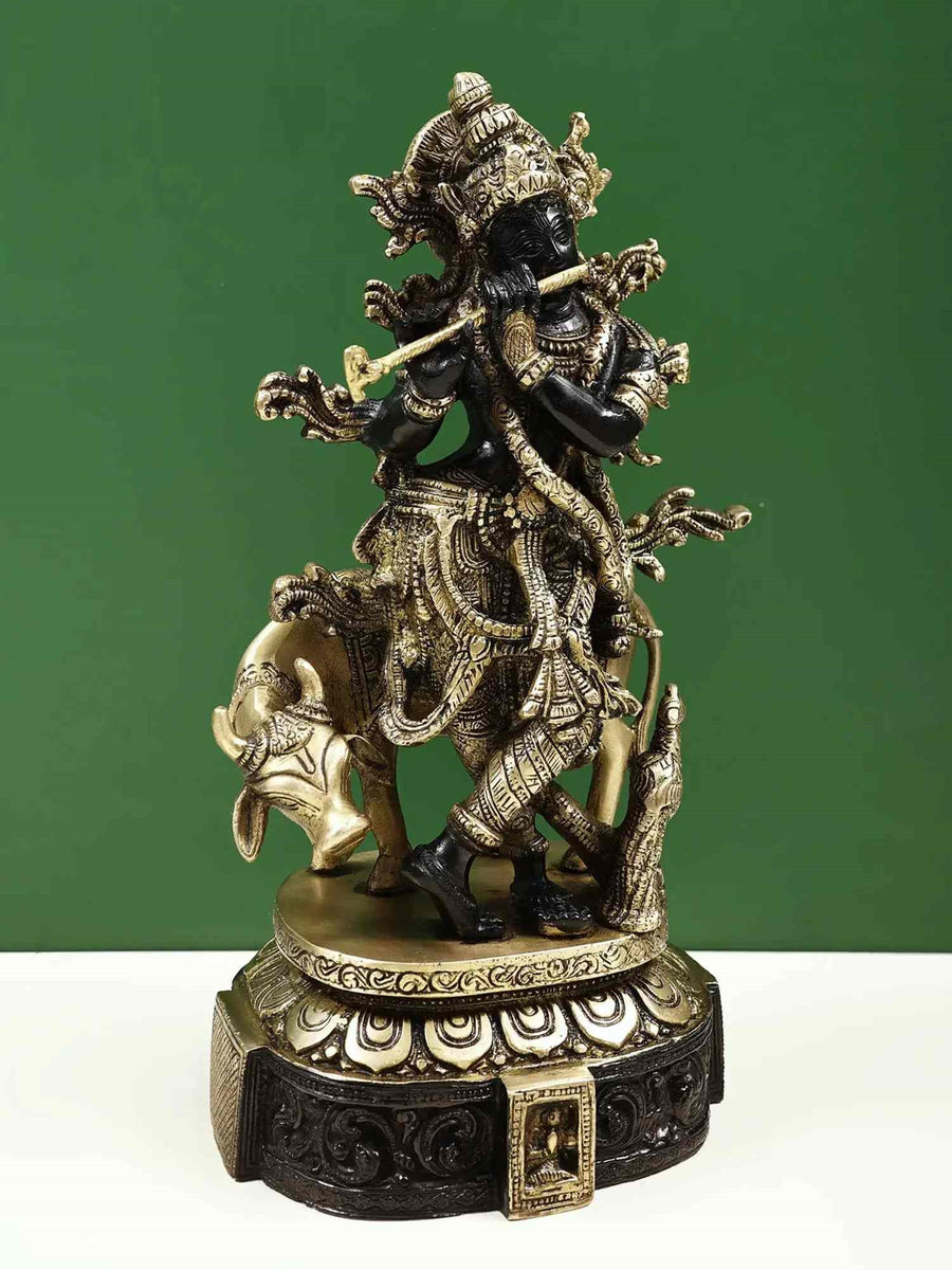 Black with natural Brass Statue of Venugopala | Krishna Playing Flute with His Cow 12 inches Craft Detail