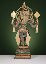 Back view brass Krishna playing flute sculpture with Vaishnava-inspired fan halo, 24 in