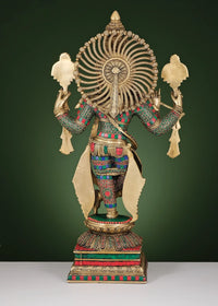 Back view brass Krishna playing flute sculpture with Vaishnava-inspired fan halo, 24 in