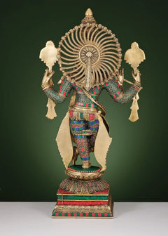 Back view brass Krishna playing flute sculpture with Vaishnava-inspired fan halo, 24 in