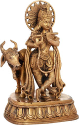 Handcrafted natural brass Krishna statue with cow at side, 10 inches