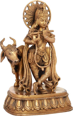 Handcrafted natural brass Krishna statue with cow at side, 10 inches