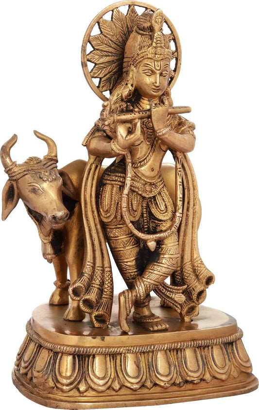 Handcrafted Natural Brass Statue of Krishna with Cow 10 inches