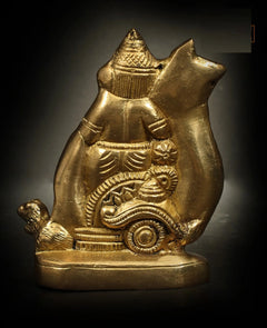 Back view of brass Ganesha idol on rat-pulled chariot, 4-inch decorative statue