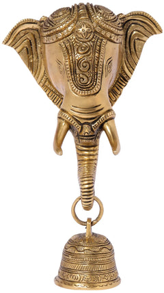 Brass engraved Ganesha bell head and torso with ornate details on face