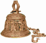 Handmade brass temple hanging bell with engraved deity panels and green accents