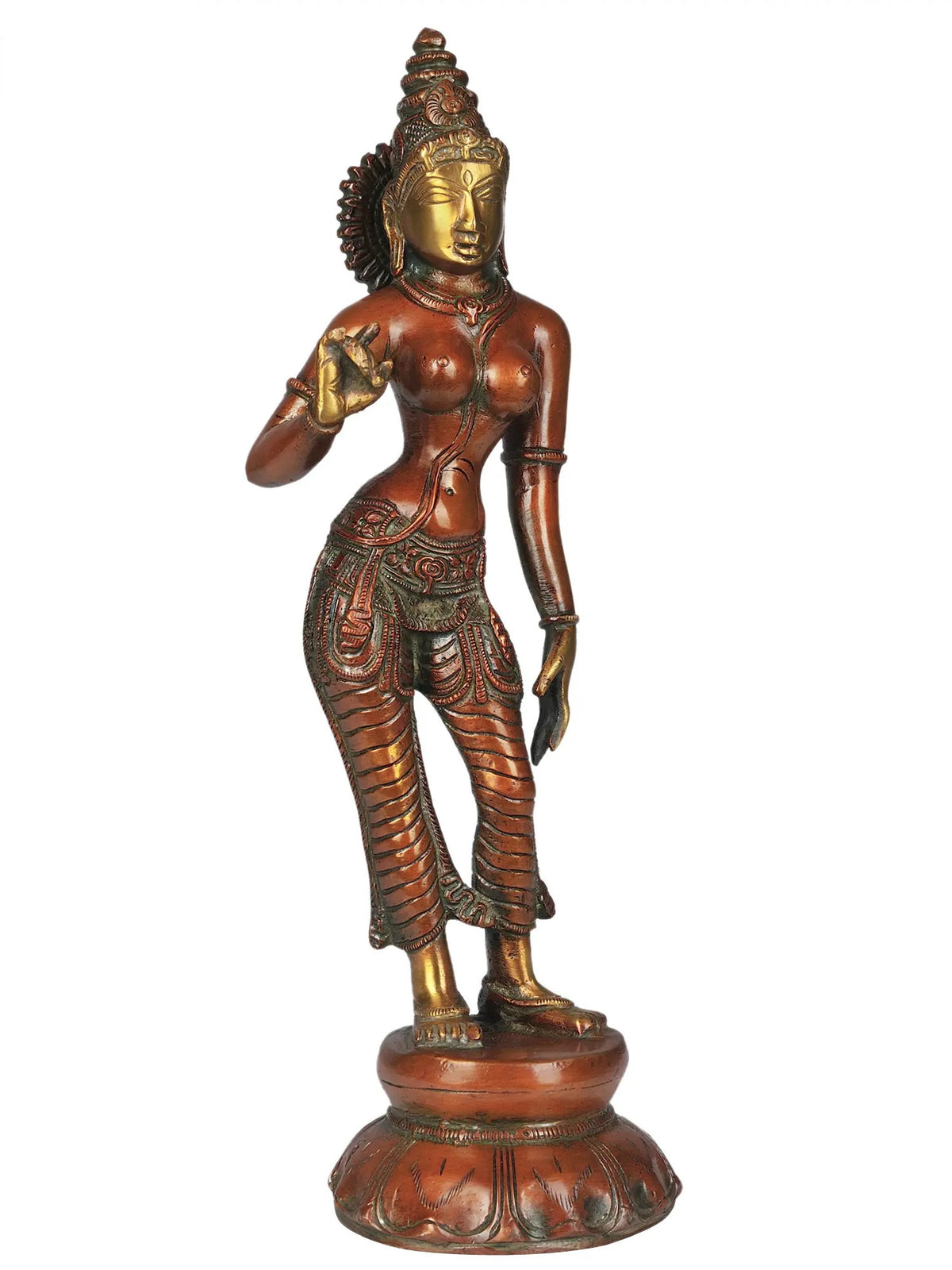 Brass deity idol, Parvati standing with hand raised, ornate dress, on round base