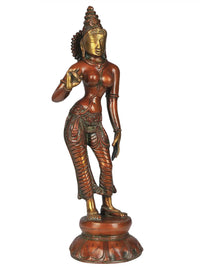 Brass deity idol, Parvati standing with hand raised, ornate dress, on round base