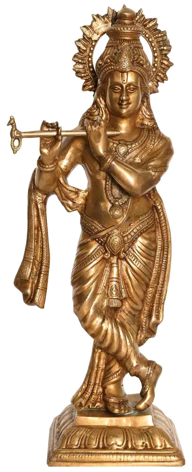 Brass Krishna statue playing flute, ornate crown, standing pose