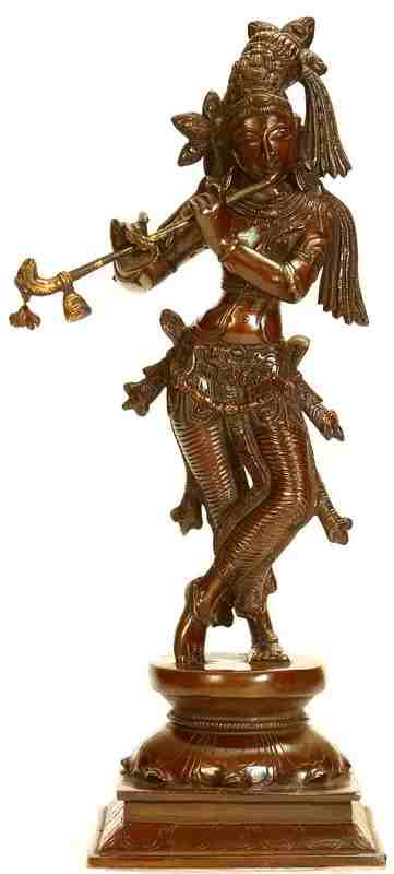 Antique brown Brass Statue of Standing Lord Krishna Playing the Flute 14 inches