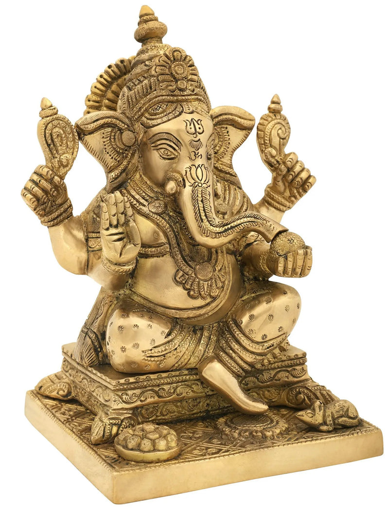 Brass Statue of Lord Ganesha Seated on an Elegant Square Pedestal 9 Inches