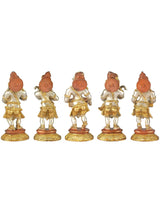 Brass set of 5 musical Ganesha figurines, 8 in tall, rear views with details
