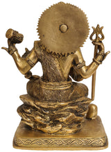 Back view brass Lord Shiva statue with halo, four arms holding objects, seated