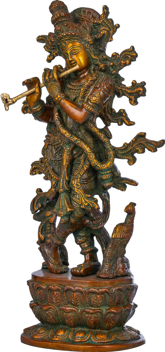 Handmade Double Chala Brass Sculpture of Lord Krishna Idol Playing Flute 12 inches