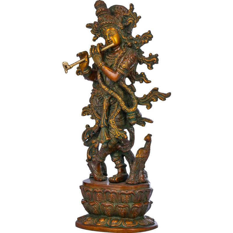 Handmade Double Chala Brass Sculpture of Lord Krishna Idol Playing Flute 12 inches