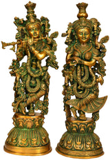 Handmade brass Radha-Krishna statue, green-and-gold finish, seated figures, 20 in