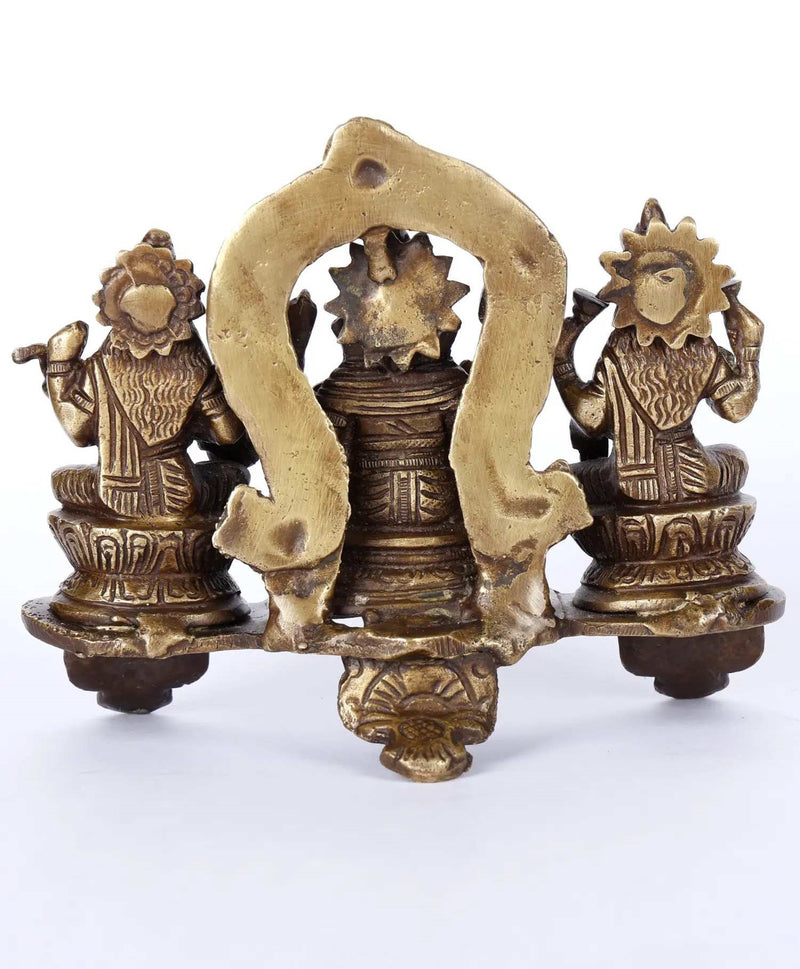 Brass Triad of prosperity featuring Ganesha, Lakshmi, and Sarasvati 5 inches