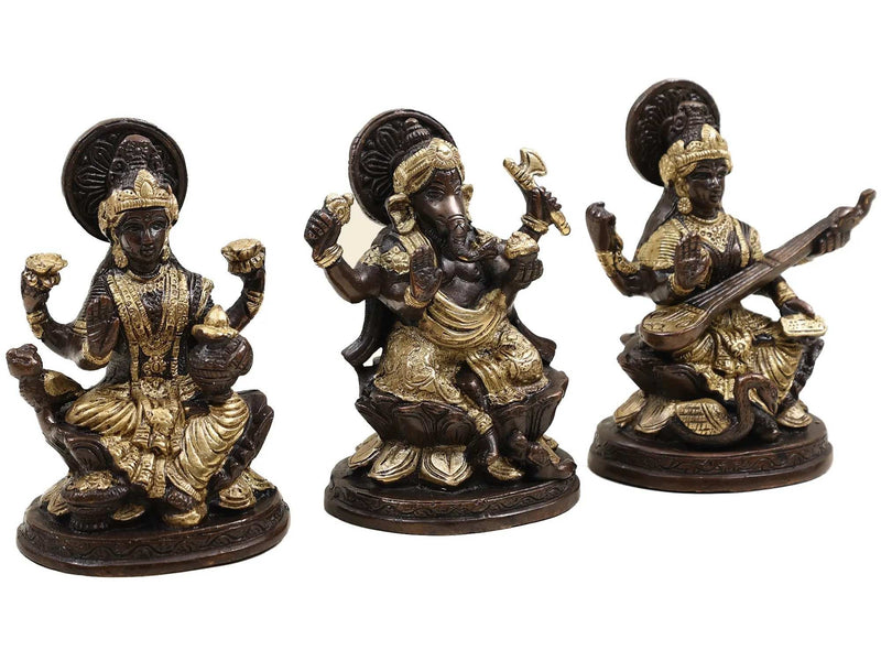 Brass Lakshmi Ganesha Saraswati brown and golden (Height: 5 inches)