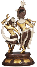 Radha and Krishna brass statue, alternate angle with ornate headdress and dancing stance