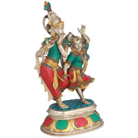 Radha and Krishna brass dance figurine with green/red mosaic clothing and gold details