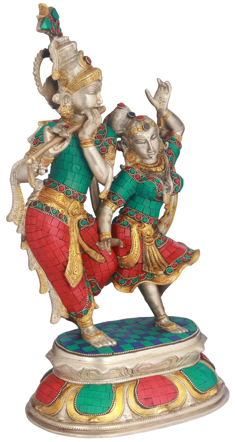 Handmade Brass Sculpture of Radha and Krishna Engaged in Dance 16 inches