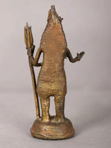 Small brass Lord Shiva statue, 4 inches, back view with trident and detailed texture