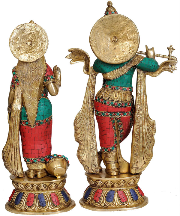 Handmade Brass Statue of Krishna and Radha with Inlay Work 20 Inches Entryway Setting