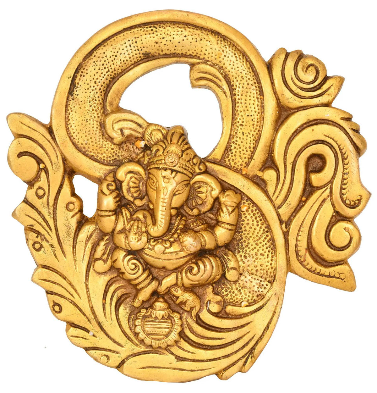 Goldene Messing-Wanddekoration mit Ganesha und OM-Symbol, rund