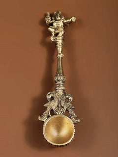 Ganesha ritual spoon, 22 cm, ornate handle and round brass-toned bowl