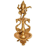 Brass wick lamp base with dancing Ganesha figurine, 8 inches