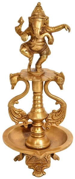 Brass Wick Lamp Featuring Dancing Ganesha 8 inches