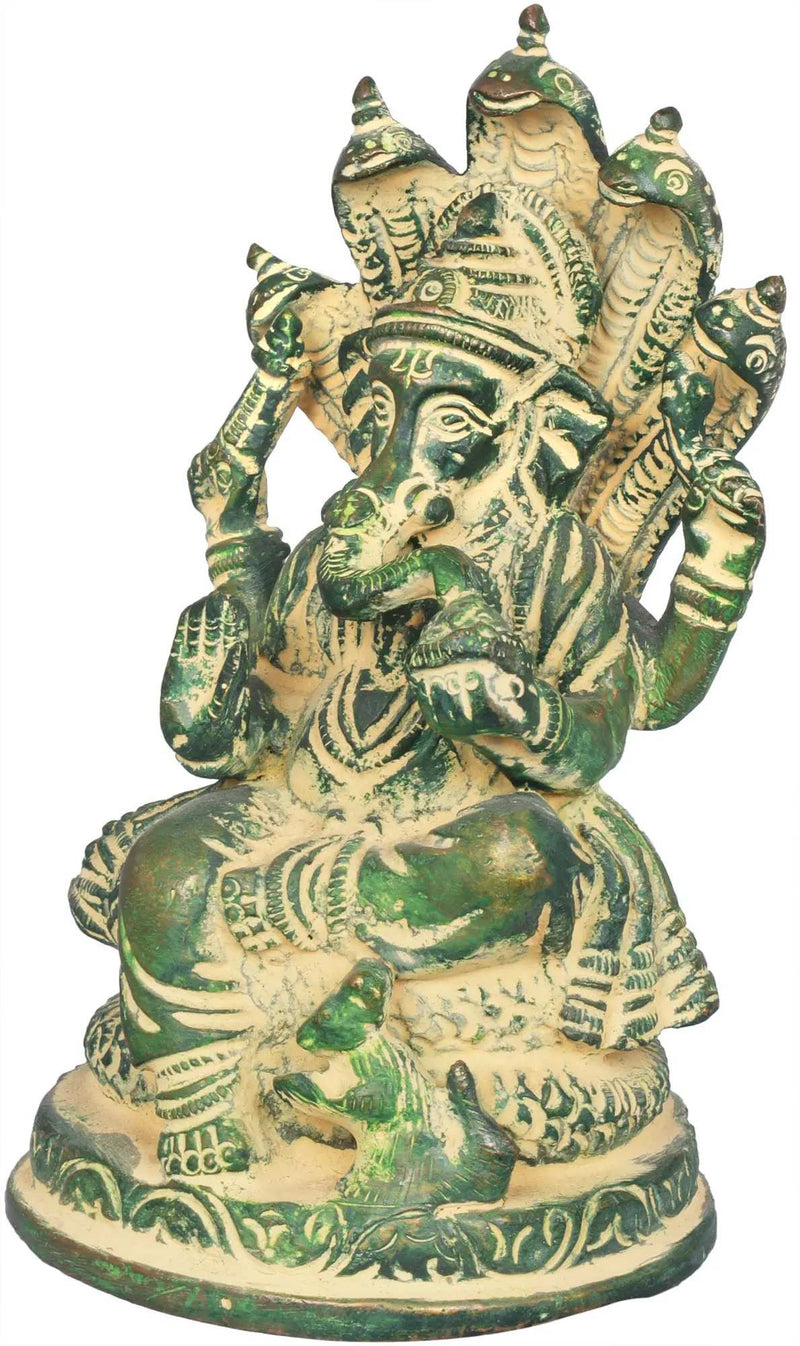 Small brass mudgreen sculpture of Ganesha seated on the Shesha Naga 5 inches