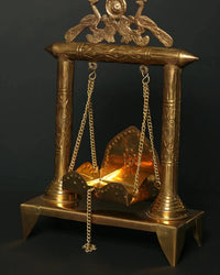Brass swing jhoola stand with peacock-sun top and hanging chains, 14-inch