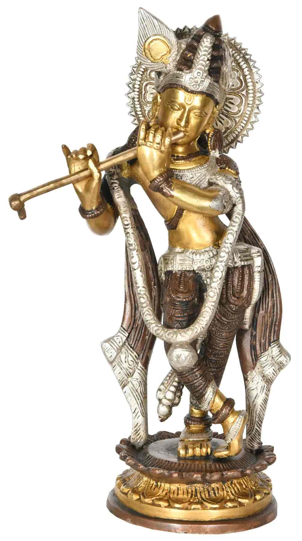 Handcrafted Krishna brass statue with flute, gold and silver tones, 11 in