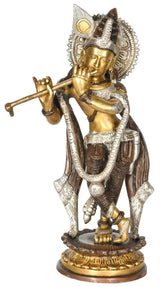 Handcrafted Krishna brass statue with flute, gold and silver tones, 11 in