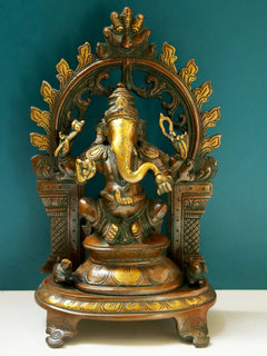 Brass Lord Ganesha statue with kirtimukha prabhavali, 11-inch standing idol
