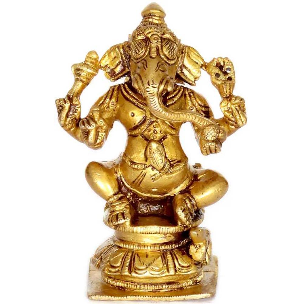 Brass three-headed Ganesha statue, 4-inch seated with raised arms