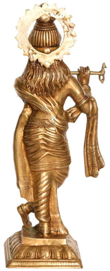 Brass Krishna statue with flute, side view, detailed torso jewelry