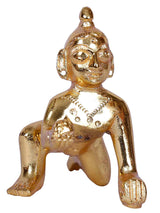 Gold-plated brass Laddu Gopal idol, seated pose, ornate face and crown